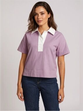 Everlane The Retro Jersey Polo Boxy Top Lilac with White Collar NWT